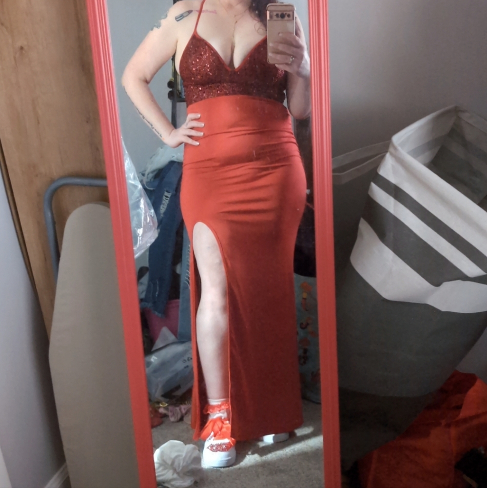 SHEIN Red Sequin Halter Dress